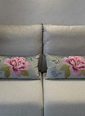 新中式样板房抱枕办公室沙发床头靠垫蝴蝶牡丹中国风刺绣圈椅坐垫