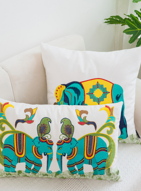 卡通大象五彩刺绣方形抱枕床头靠垫沙发客厅靠垫灰色长方形腰枕套