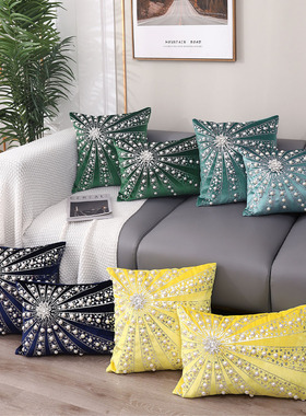 珍珠轻奢靠垫北欧抱枕蓝色亮片刺绣装饰手工缝珠客厅沙发腰枕靠枕