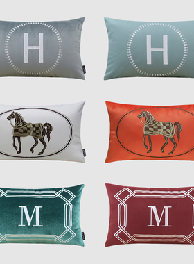 H抱枕客厅沙发靠垫科技布M腰靠绒布刺绣靠包样板间马长方形腰枕套