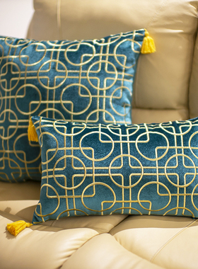 欧式客厅沙发抱枕套样板房靠垫丝绒刺绣靠枕含芯墨绿色腰枕长方形