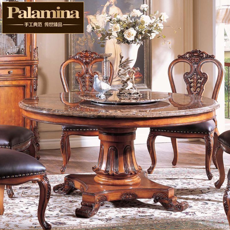 帕拉美娜 欧式实木雕花餐桌 六人大理石圆餐台  美式餐桌 XA-103