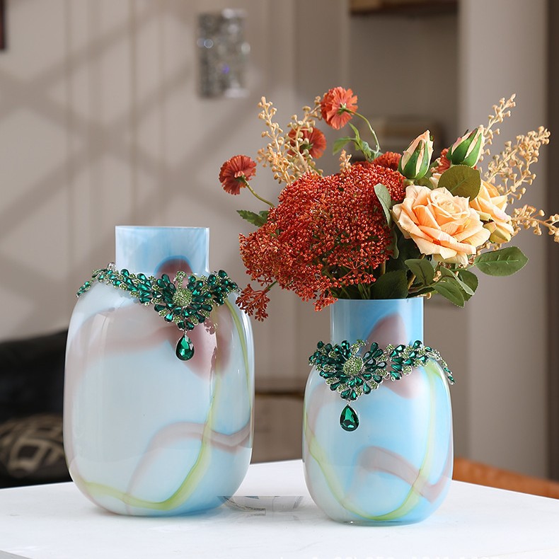 高级感水晶琉璃蓝色珍珠项链花瓶