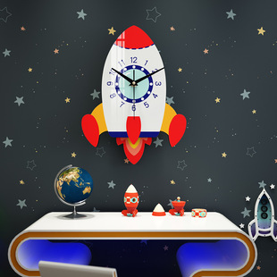 火箭摇摆挂钟卡通创意静音客厅卧室儿童房幼儿园钟表可爱装饰挂表