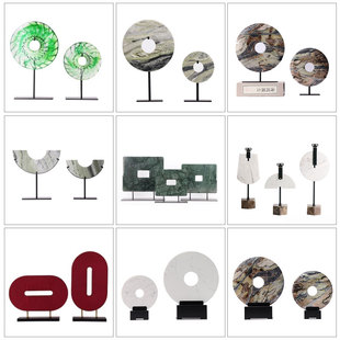 新中式大理石玉石平安扣玉璧摆件酒店办公室客厅酒柜样板间装饰品