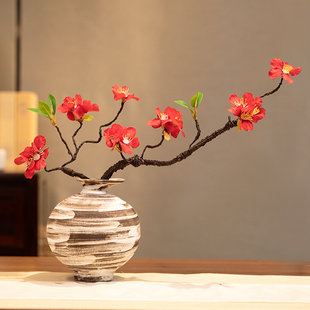 中式仿真花红梅花腊梅枝条假花盆栽中古禅意陶罐粗陶花瓶盆景摆件