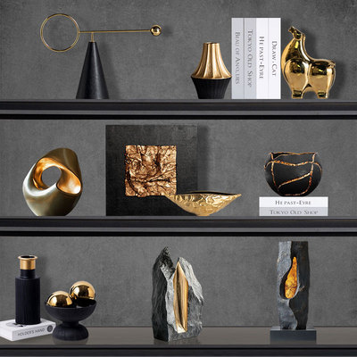 轻奢壁柜展示架黑金石头装饰摆件