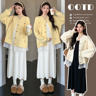 背心裙韩版 孕妇套装 设计感蕾丝拼接针织外套中长款 时尚 女 2025新款