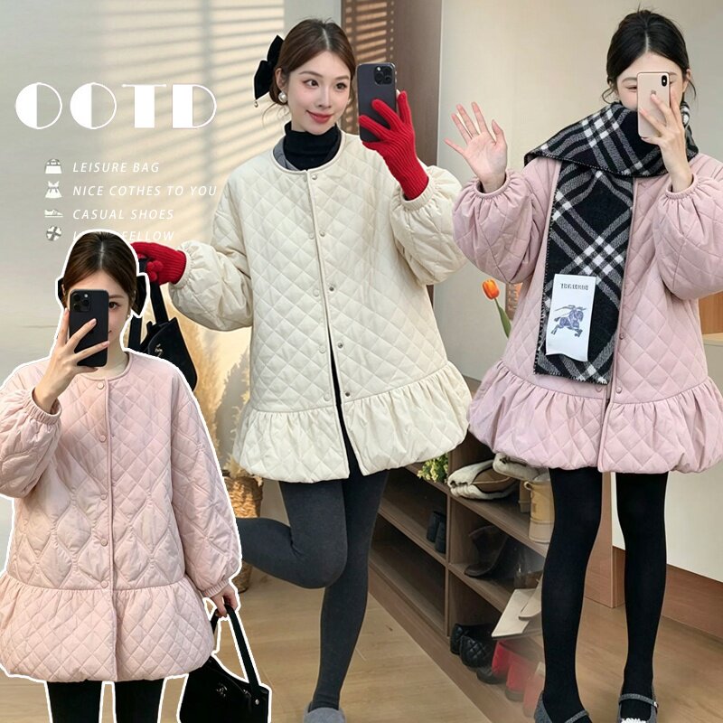 孕妇秋冬大码遮肚韩版菱格棉服