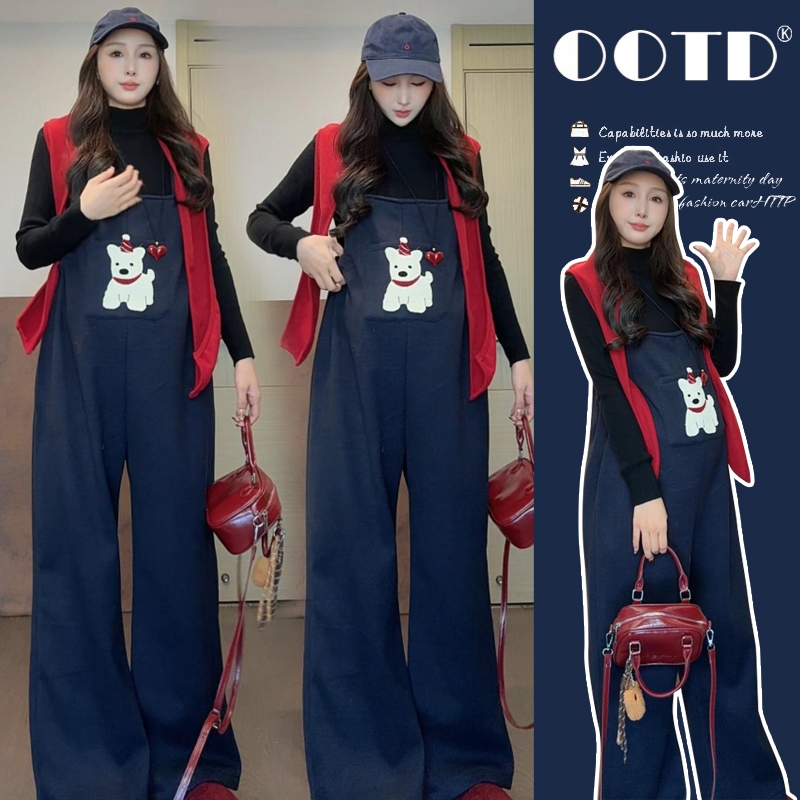 孕妇长袖上衣+加绒背带裤套装