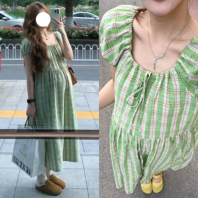 孕妇连衣裙夏季新款时尚小清新格纹系带中长款裙子2026年韩版女