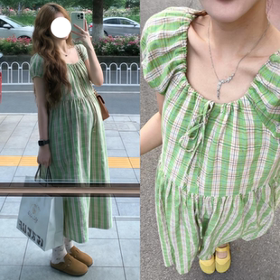 孕妇连衣裙夏季新款时尚小清新格纹系带中长款裙子2026年韩版女