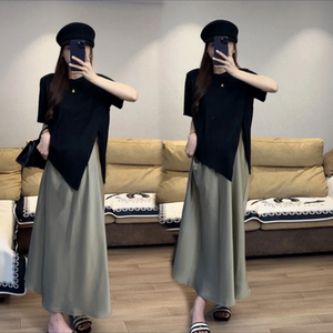 孕妇套装夏季新品褶皱肌理感纯色上衣高腰显瘦猪鼻扣半身裙2024女