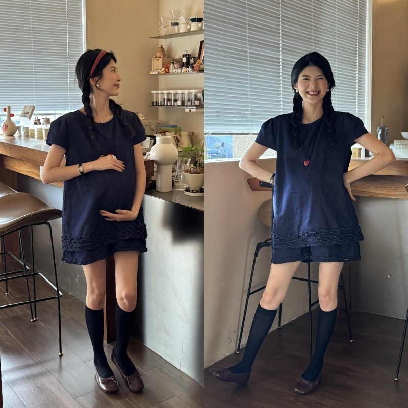 休闲新款孕妇套装2025短袖设计感时尚洋气短袖圆领上衣短裤两件套