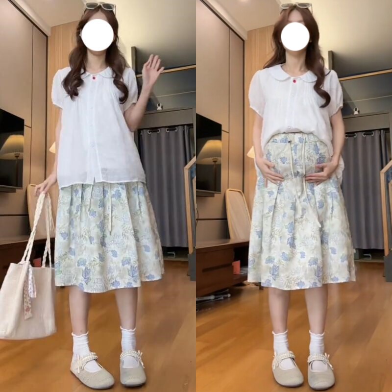 孕妇夏季娃娃领上衣半身裙套装