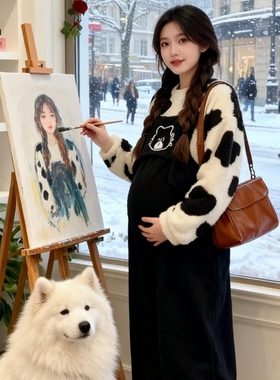 孕妇装2025秋冬奶牛猫配色上衣搭配加绒加厚羊羔毛宽松背带裤套装