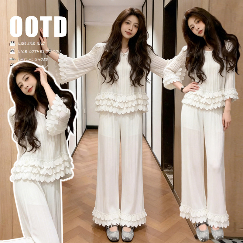 孕妇春夏两件套设计感花边上衣搭配阔腿花边裤2026年韩版百搭女