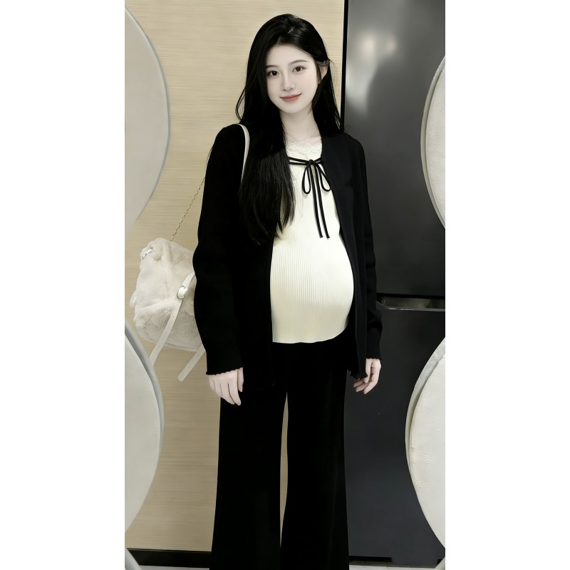 孕妇针织套装系带设计假两件撞色上衣无托腹阔腿裤2026年百搭女