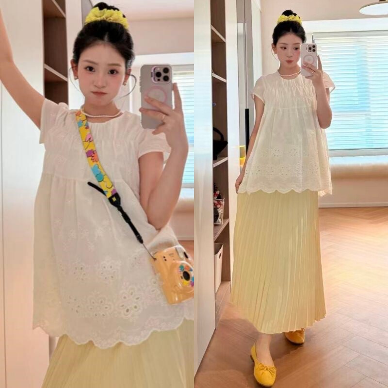 夏季孕妇两件套花朵镂空圆领短袖上衣托腹半身裙2026年韩版女