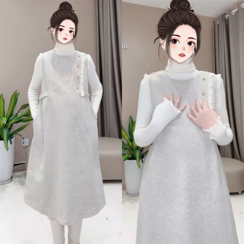 孕妇春季套装花边高领长袖上衣中长款蕾丝边背心裙2024新款时尚女