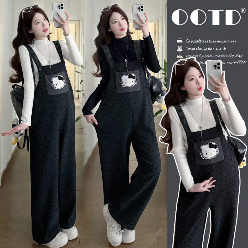 孕妇套装秋冬装加绒卡通背带裤搭配针织打底衫两件套2025年韩版女