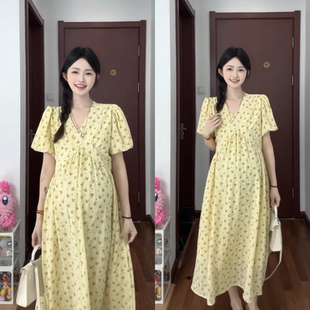 短袖 新款 2025夏季 連衣裙 時尚 洋氣碎花高級感韓版 V領中長款 孕婦裝
