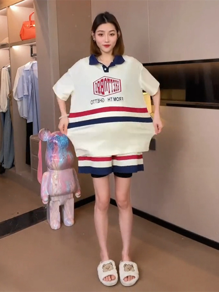 출산 여름 정장 짧은 소매 대비 색 옷깃 탑 배꼽 지원 느슨한 반바지 2024 새로운 캐주얼 패션 다목적