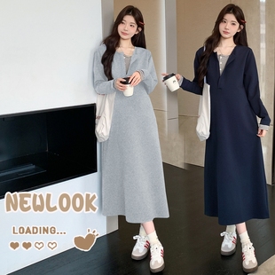 孕妇裙子2025秋冬长袖设计感假两件条纹拼接中长款加厚宽松连衣裙