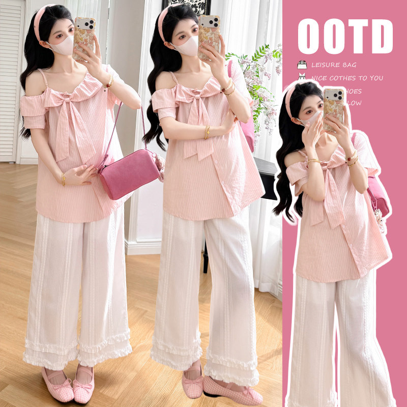 孕妇套装两件套夏季清新少女粉不规则露肩气质衬衫+纹理白裤夏装