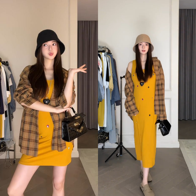 2025夏季新款孕妇装长袖百搭格子衬衫设计感中长款背心裙女两件套