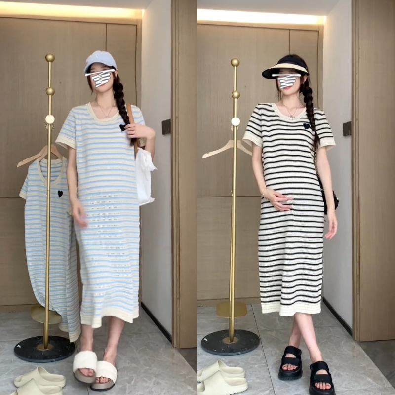 圓領2024夏短袖休閑條紋連衣裙