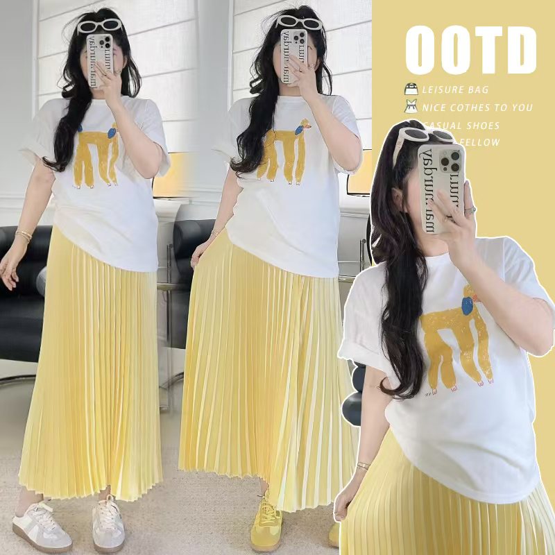 夏季孕妇套装2025夏季外穿时尚百搭短袖上衣百褶半身裙时髦两件套