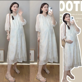 孕妇夏季连衣裙新款时尚高级感单排扣五分袖镂空中长款裙子2024女