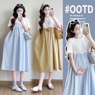 孕妇连衣裙夏季新款时尚圆领设计感撞色拼接外穿裙2026年韩版女