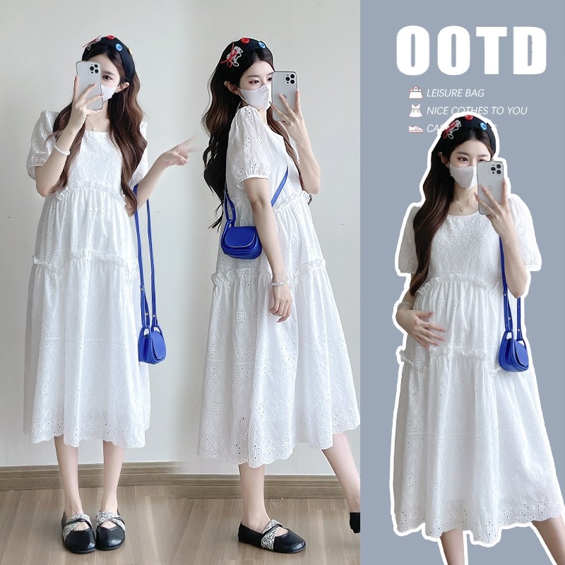 孕妇装设计感短袖圆领宽松中长款镂空时尚洋气外穿连衣裙2025夏季
