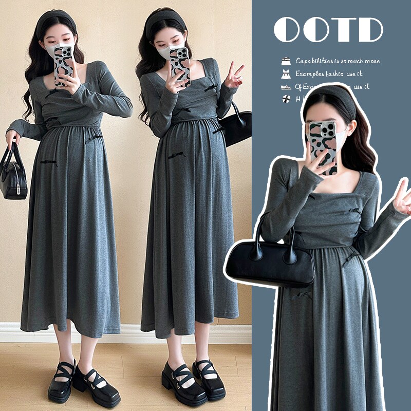 孕妇装春秋裙子2025新款设计感中长款法式方领针织灰色气质连衣裙