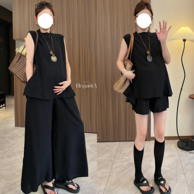 孕妇夏季无袖开叉阔腿裤两件套