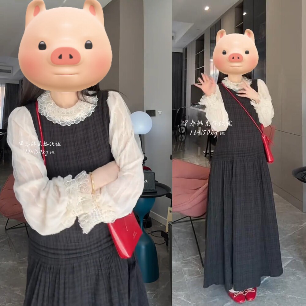 孕妇装春装套装格纹连衣裙加长款时尚两件套裙装洋气时髦蕾丝上衣