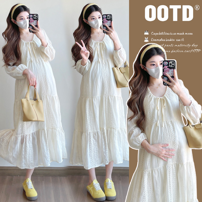 2025春秋季新款孕妇装蕾丝提花刺绣中长款气质中长款设计感连衣裙