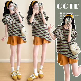 设计感条纹不规则上衣宽松托腹短裤 夏季 套装 2025孕妇装 两件套 新款