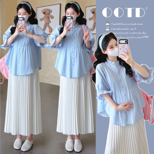 孕妇套装夏季新款时尚花边领遮肚上衣托腹半身裙2026年韩版女