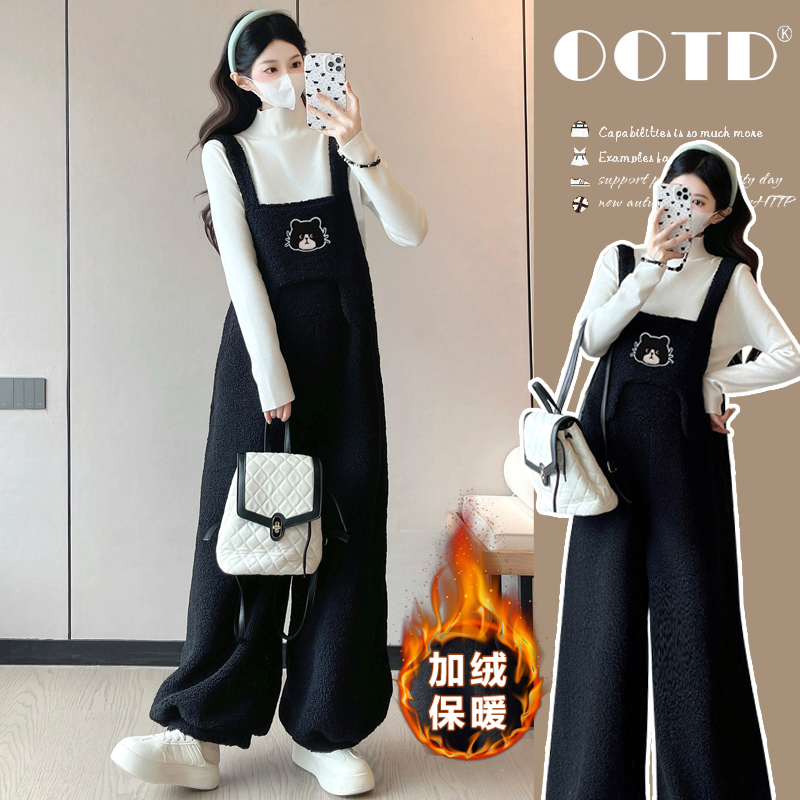 孕妇针织上衣+可爱加绒背带裤