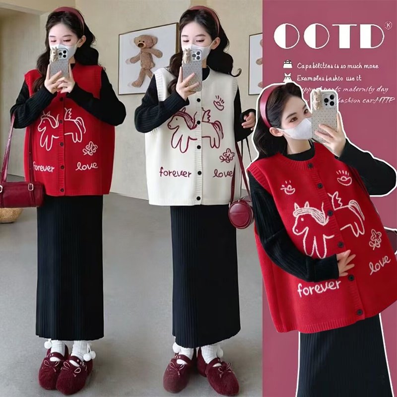 孕妇装秋冬两件套新款时尚刺绣马甲搭配中长款连衣裙2026年韩版女