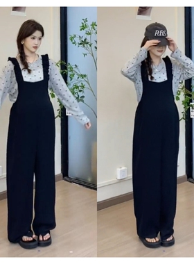 2025秋季新款孕妇装休闲外穿长袖波点上衣打底黑色背带裤女两件套