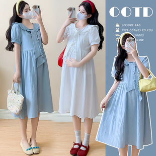 孕妇连衣裙夏季新款时尚减龄海军领短袖中长款裙子2026年韩版女