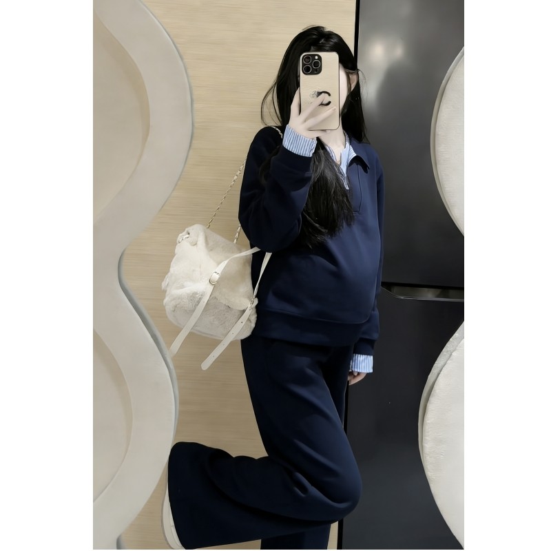 春秋季时尚新款翻领假两件大码上衣显瘦垂感阔腿裤2026年孕妇套装