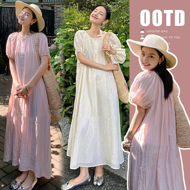 2025夏季新款孕妇仙女简约纯色圆领宽松显瘦送腰带中长款女连衣裙