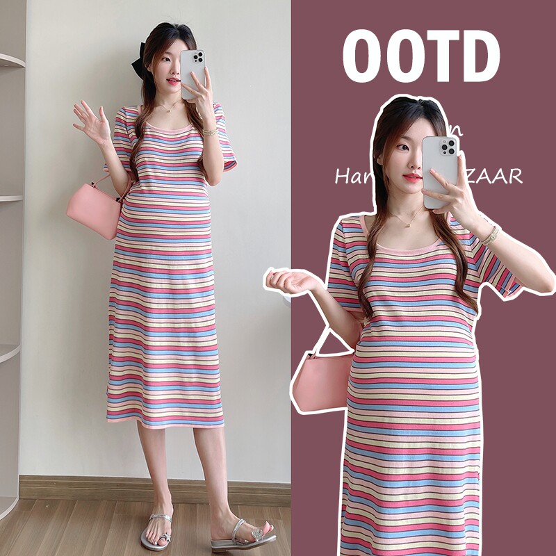 2024孕妇装韩版夏季新款条纹针织短袖中长款方领孕妇休闲女连衣裙
