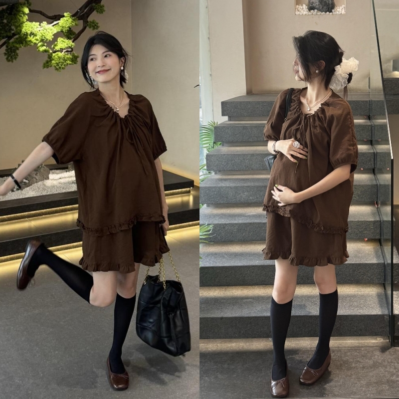 孕妇宽松V领上衣+短裤套装
