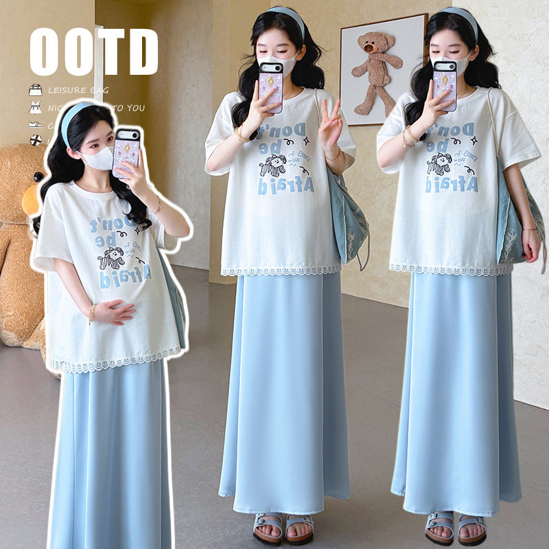 孕妇两件套夏季新款时尚字母短袖上衣托腹宽松半身裙2026年韩版女